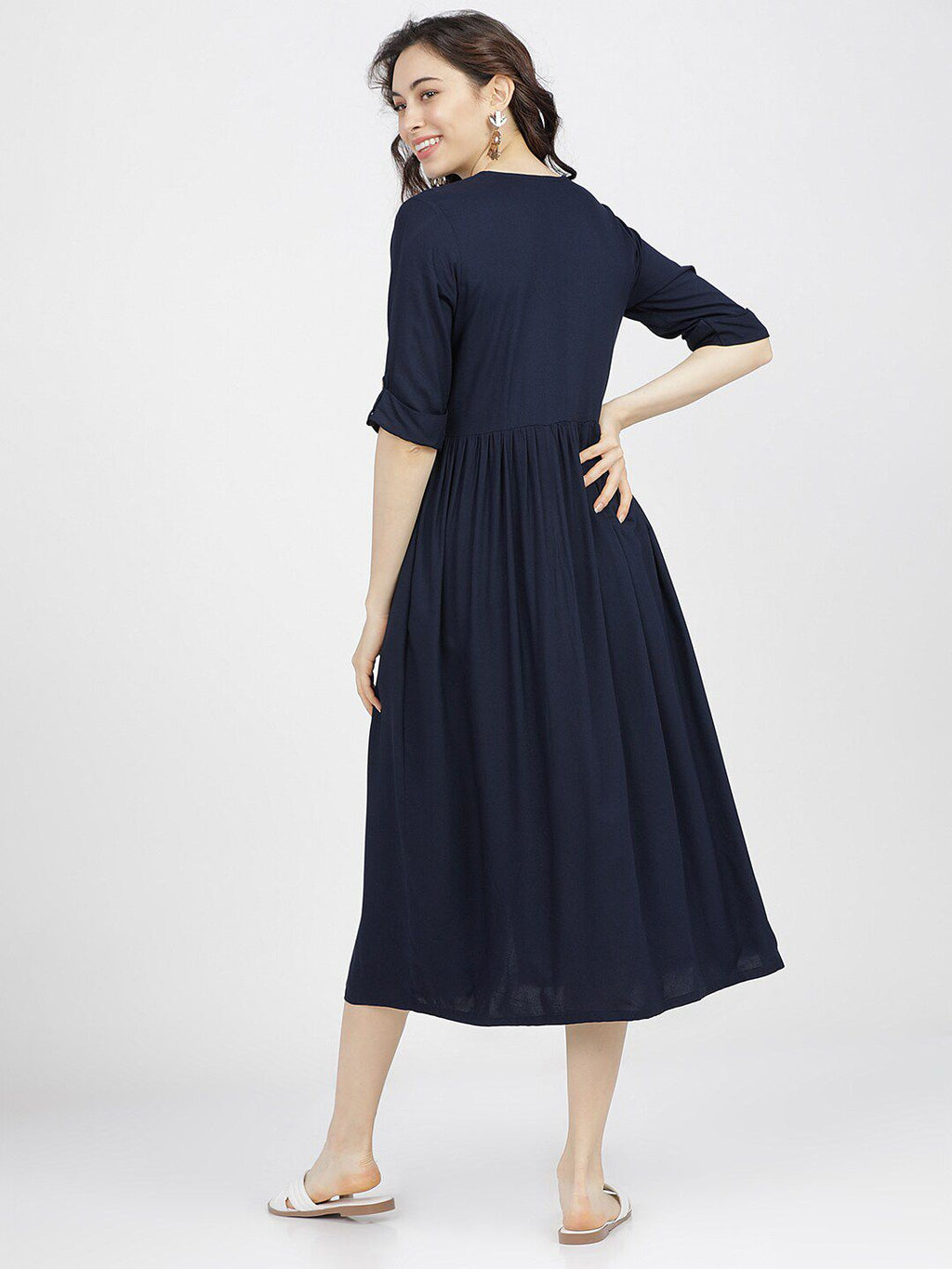 Dhimhi Women's Navy Blue & White Ethnic Motifs Midi Dress