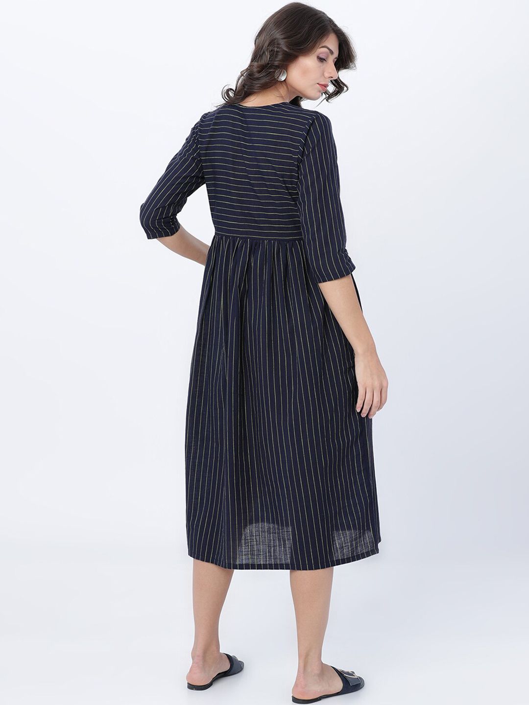 Dhimhi Women's Navy Blue Striped Fit and Flare Dress