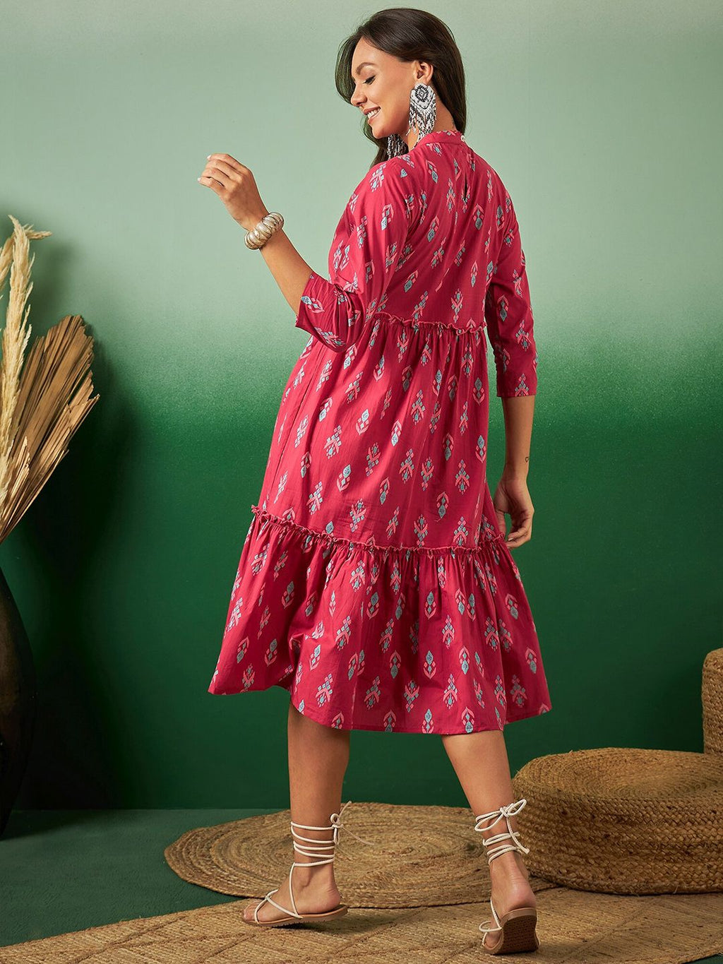 Dhimhi Women's Ethnic Motifs Printed Frilled Tiered Cotton Ethnic Dress