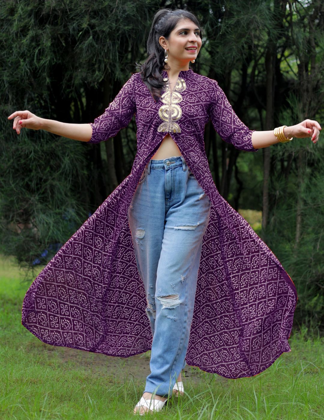 Bandhani Printed Mandarin Collar Sequins Front Slit Georgette A-Line Kurta