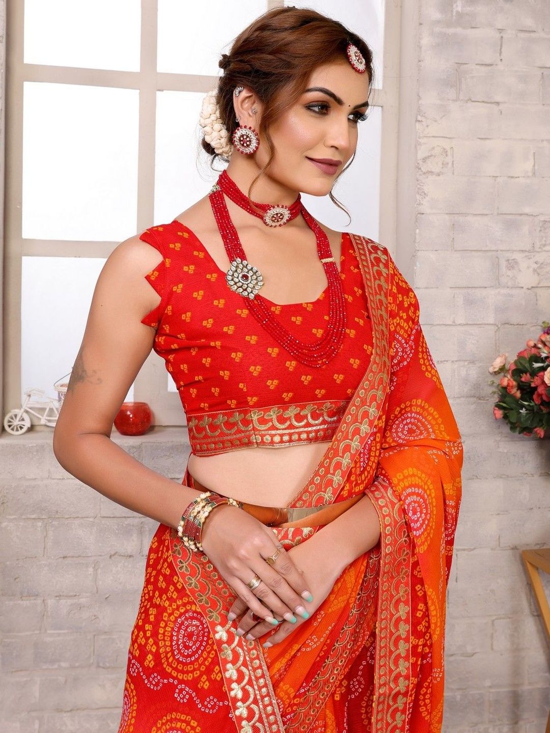 Dhimhi Women's Women Pure Georgette Bandhani Printed Gotta Patti Bandhani Saree