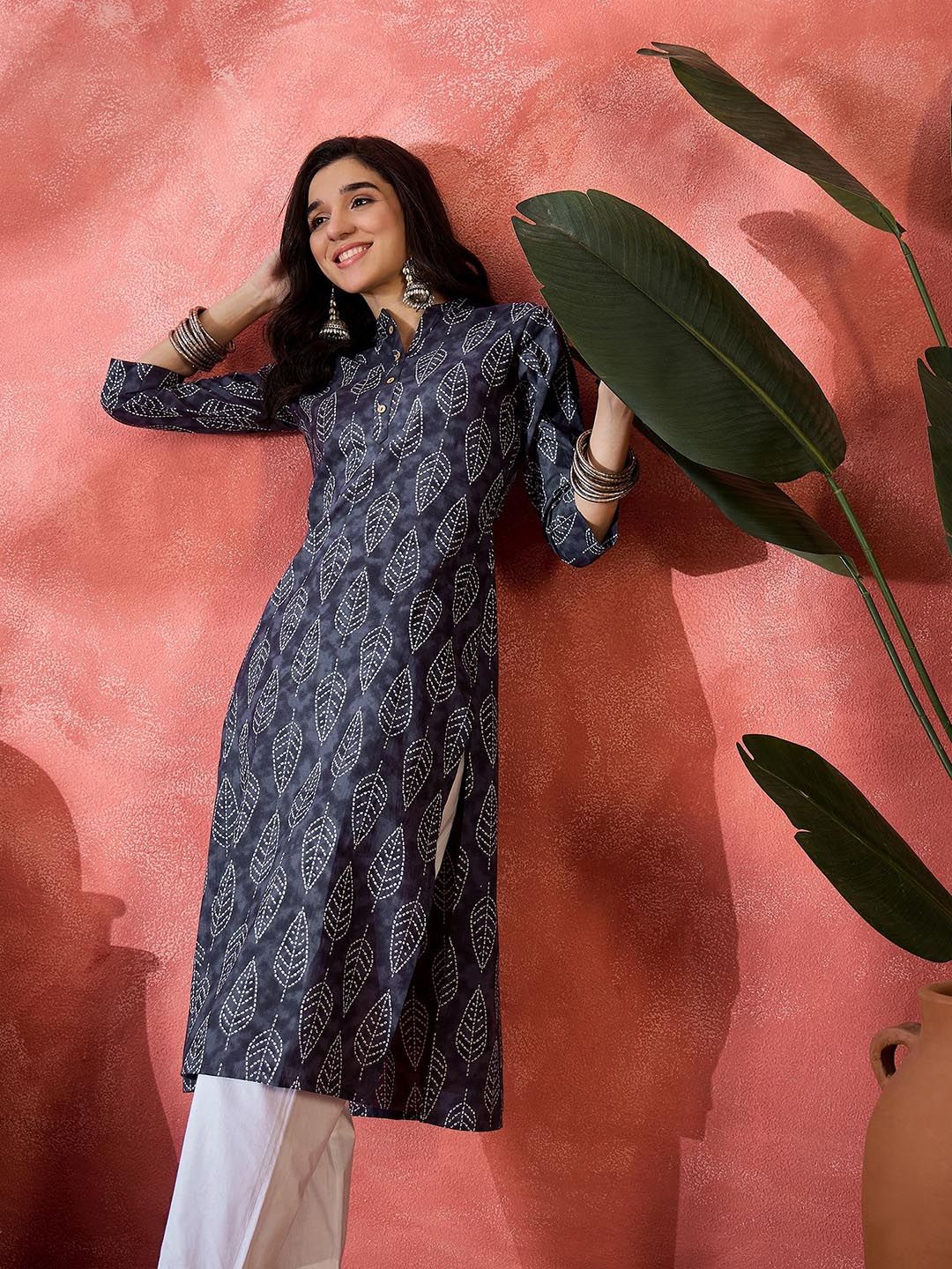 Floral Printed Mandarin Collar Pure Cotton A-Line Kurta