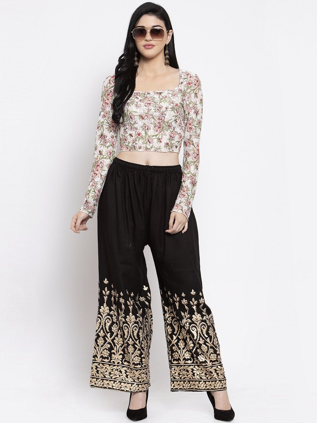 Dhimhi Women's Black Printed Wide Leg Palazzos
