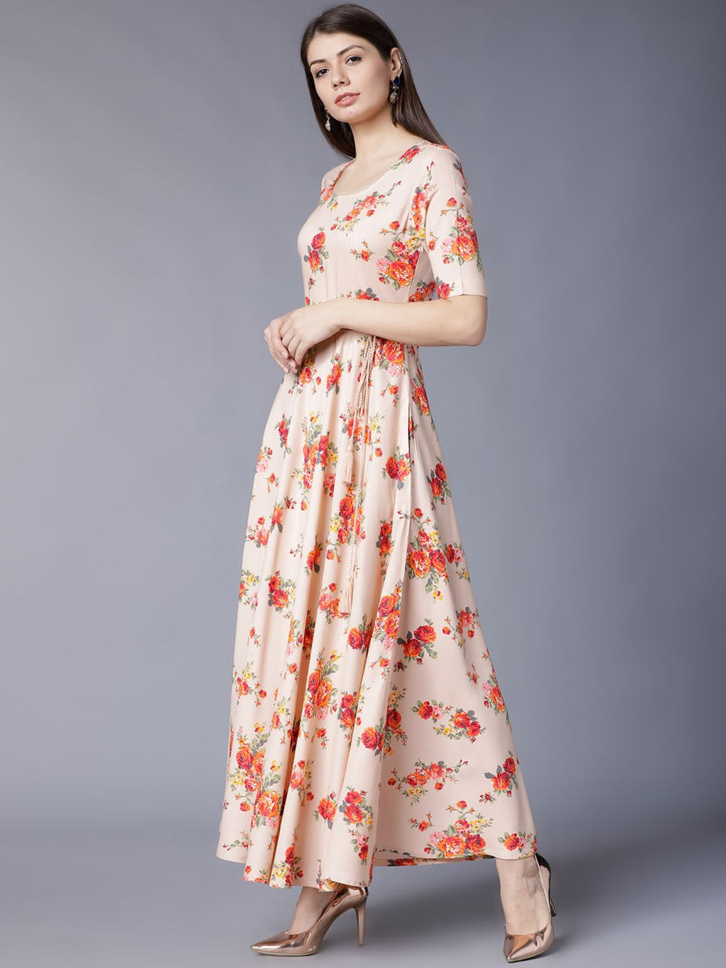 Dhimhi Women's Peach-Coloured Printed Maxi Dress