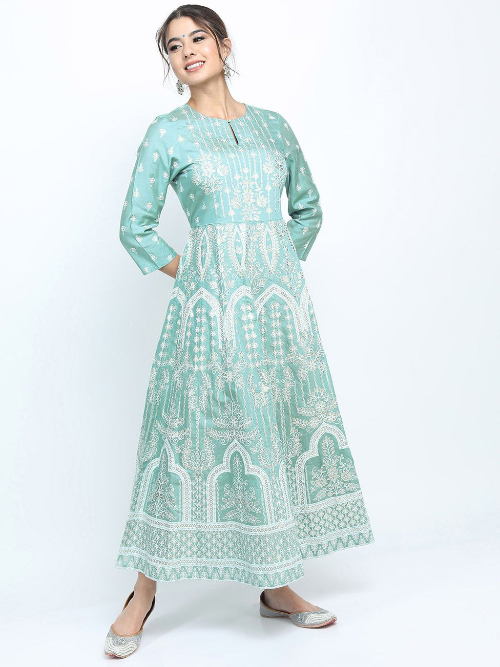 Dhimhi Women's Sea Green & White Ethnic Motifs Keyhole Neck A-line Dress