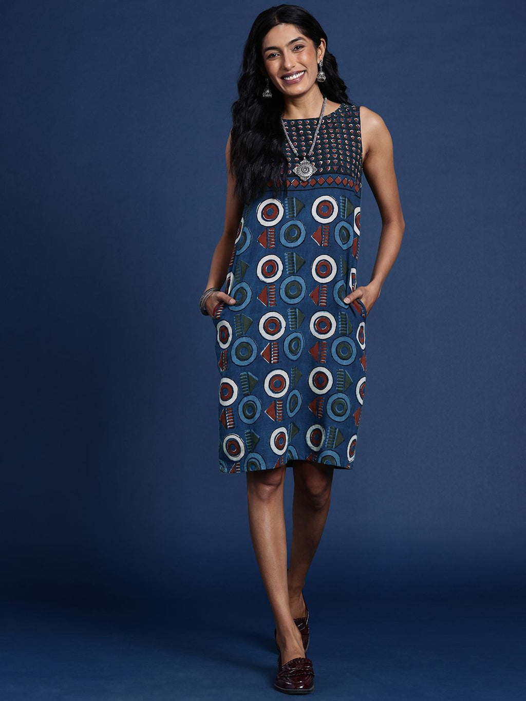 Dhimhi Women's Geometric Printed A-Line Indigo Ethnic Dress