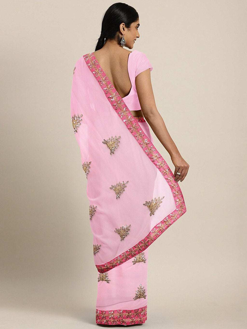 Dhimhi Women's Pink Ethnic Motifs Beads and Stones Saree
