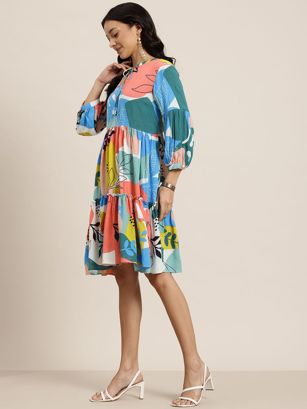 Dhimhi Women's Floral Print Puff Sleeves Tie-Up Neck Tiered Dress