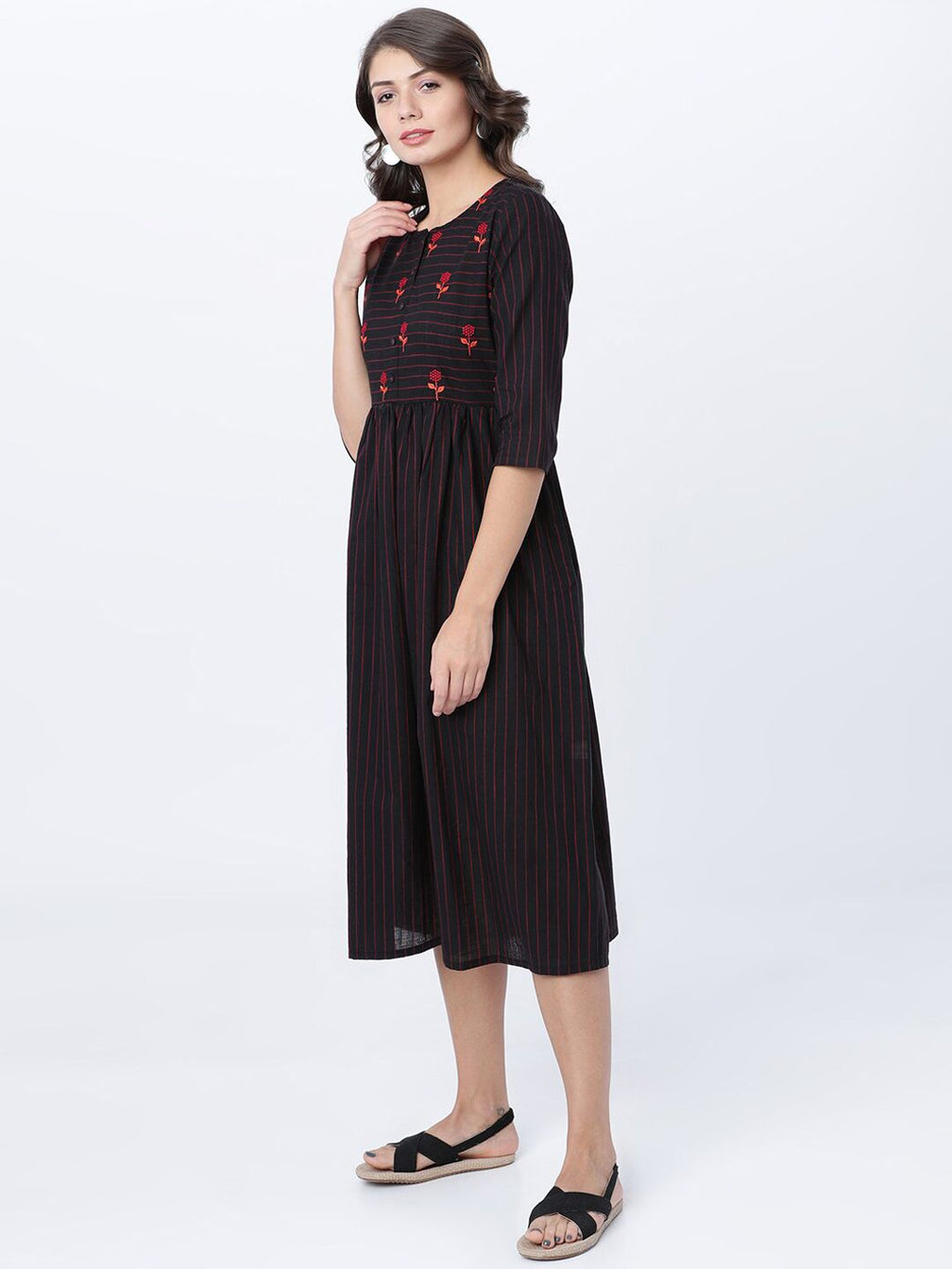 Dhimhi Women's Black & Red Striped Fit and Flare Dress