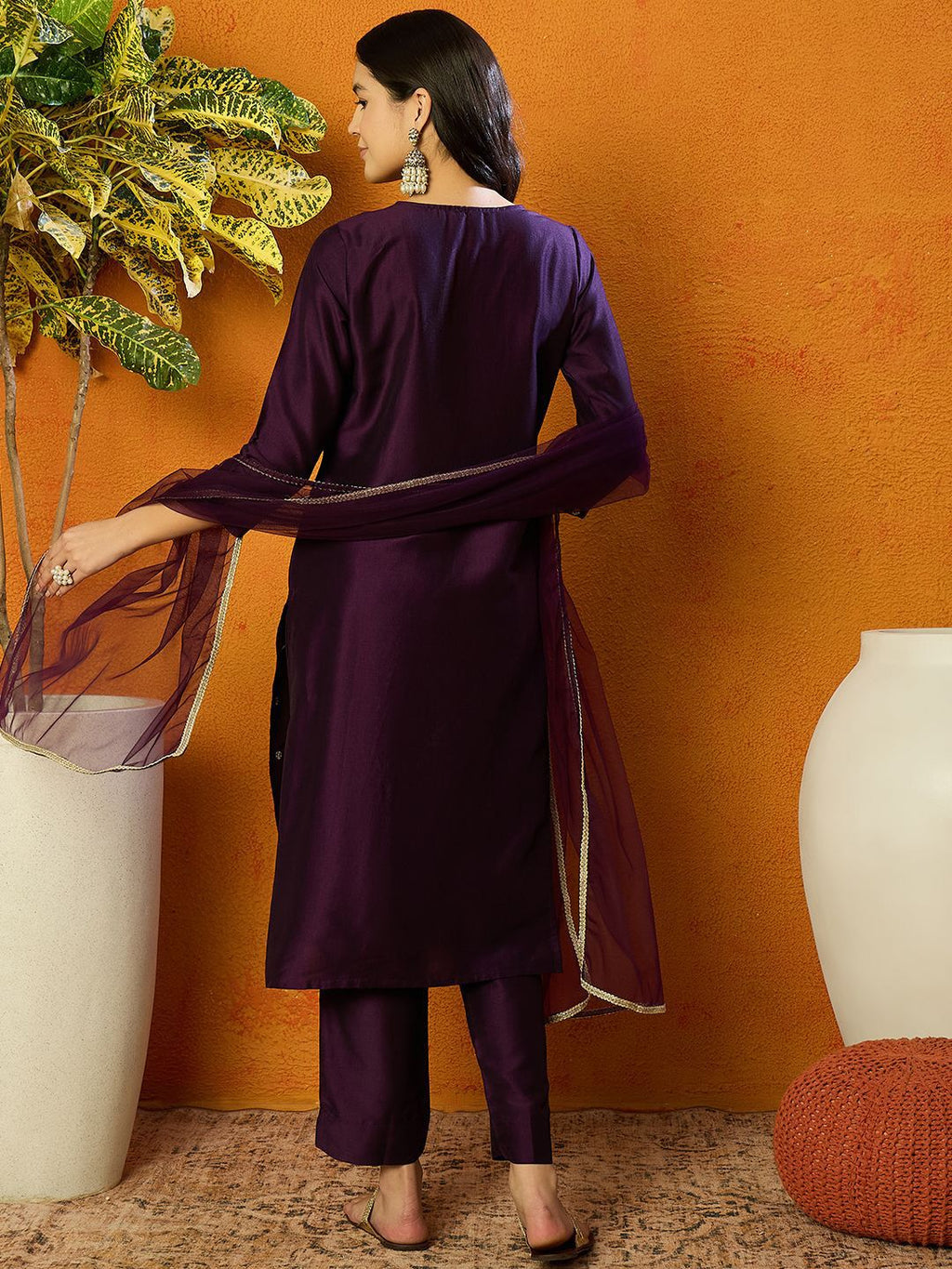 Dhimhi Women's Ethnic Motifs Embroidered Sequinned Straight Kurta with Trousers & Dupatta