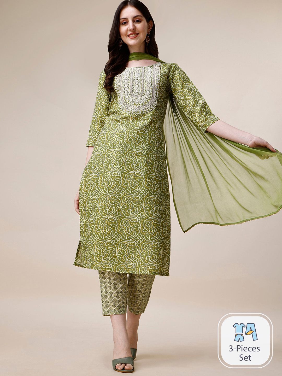 Dhimhi Women's Bandhani Printed Thread Work Kurta With Trousers & Dupatta