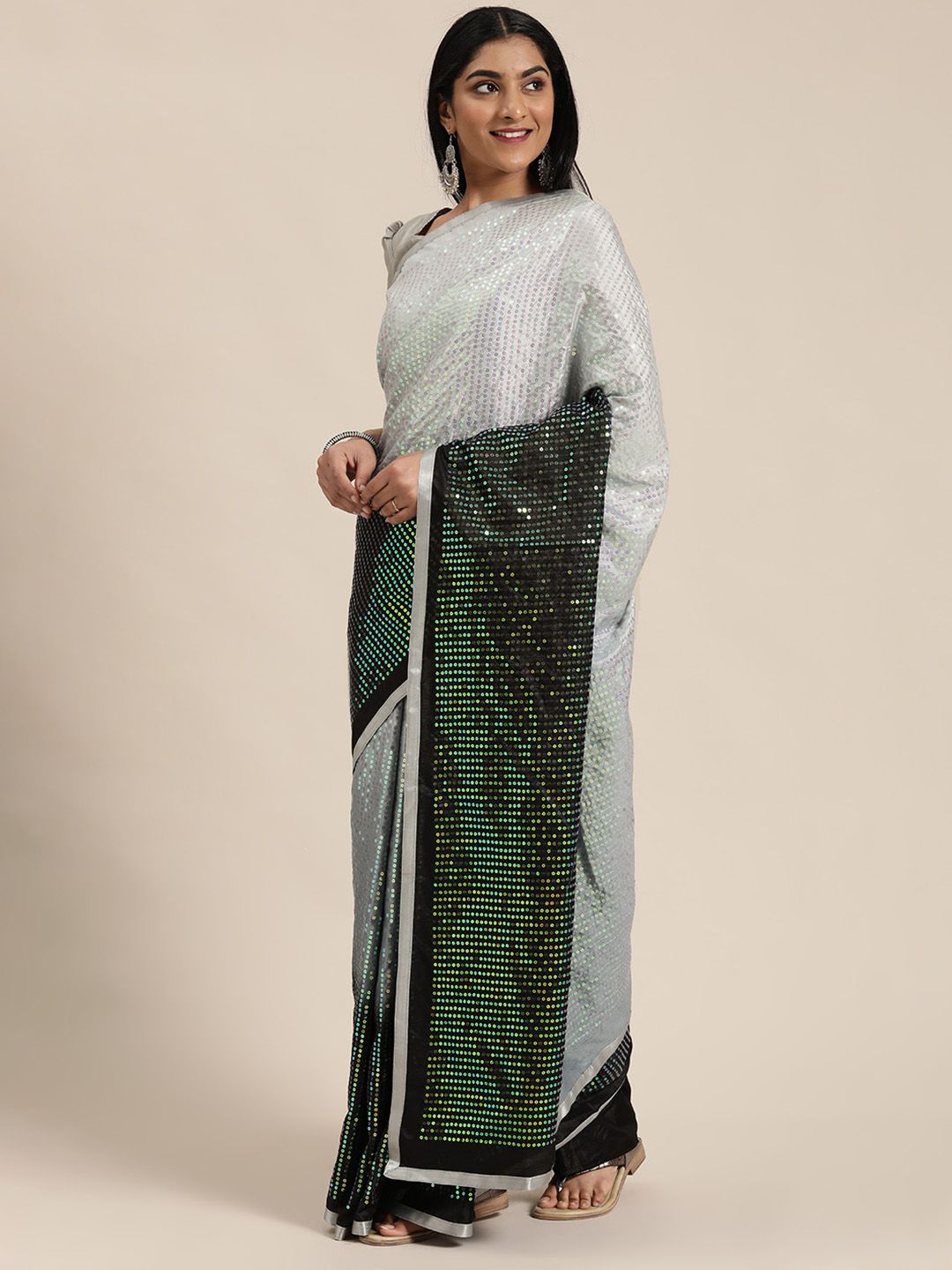 Dhimhi Women's Grey & Black Pure Georgette Colourblocked Saree