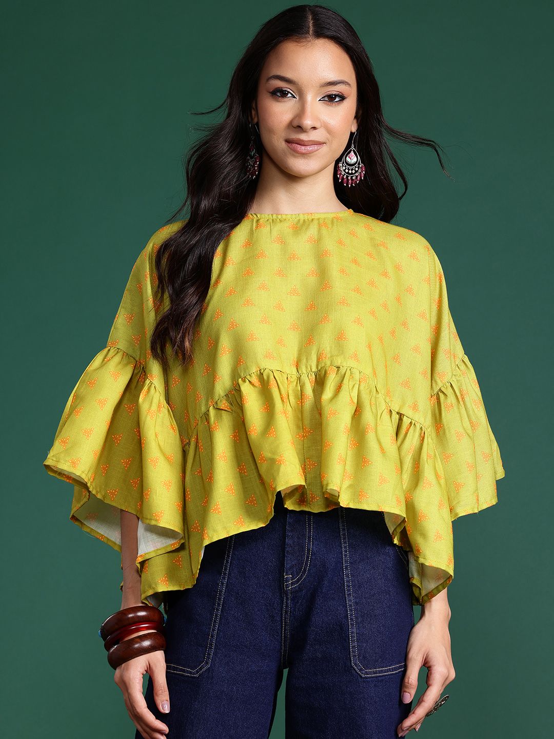 Dhimhi Women's Lime Green Ethnic Motif Bell Sleeve Top