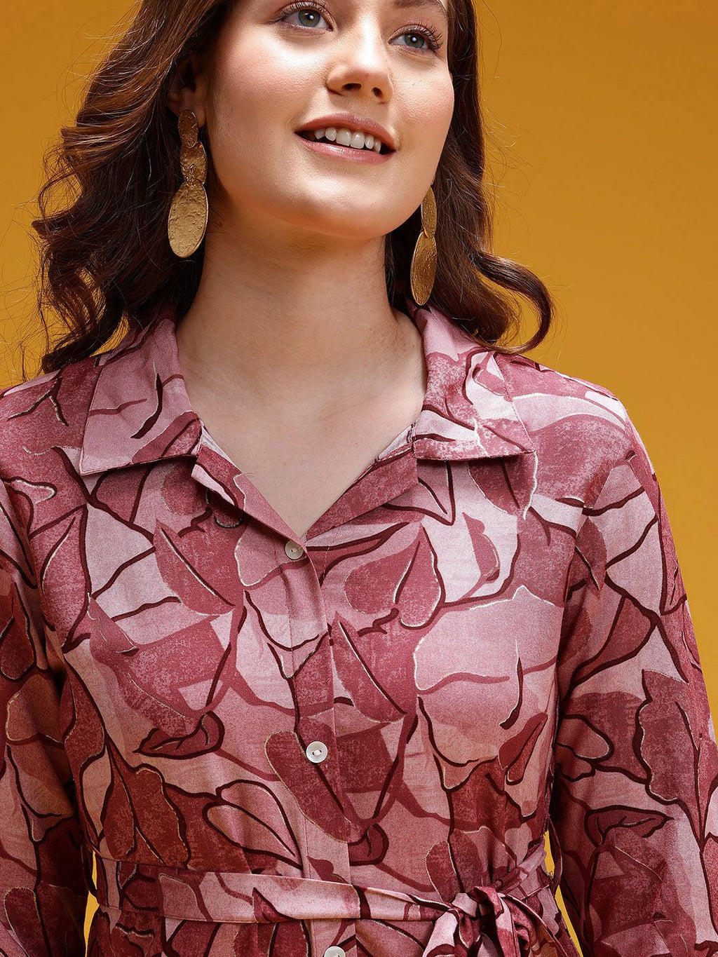 Dhimhi Women's Abstract Print Belted Shirt Midi Ethnic Dress