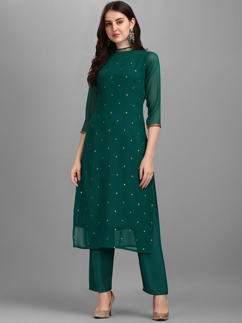 Dhimhi Women's Floral Embroidered Sequinned Kurta With Trouser