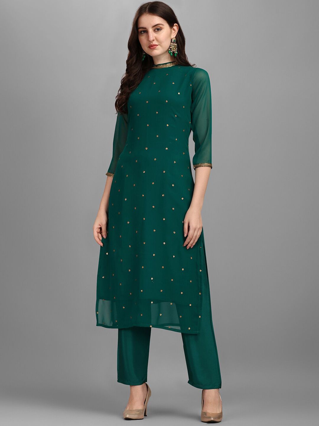 Dhimhi Women's Floral Embroidered Sequinned Kurta With Trouser