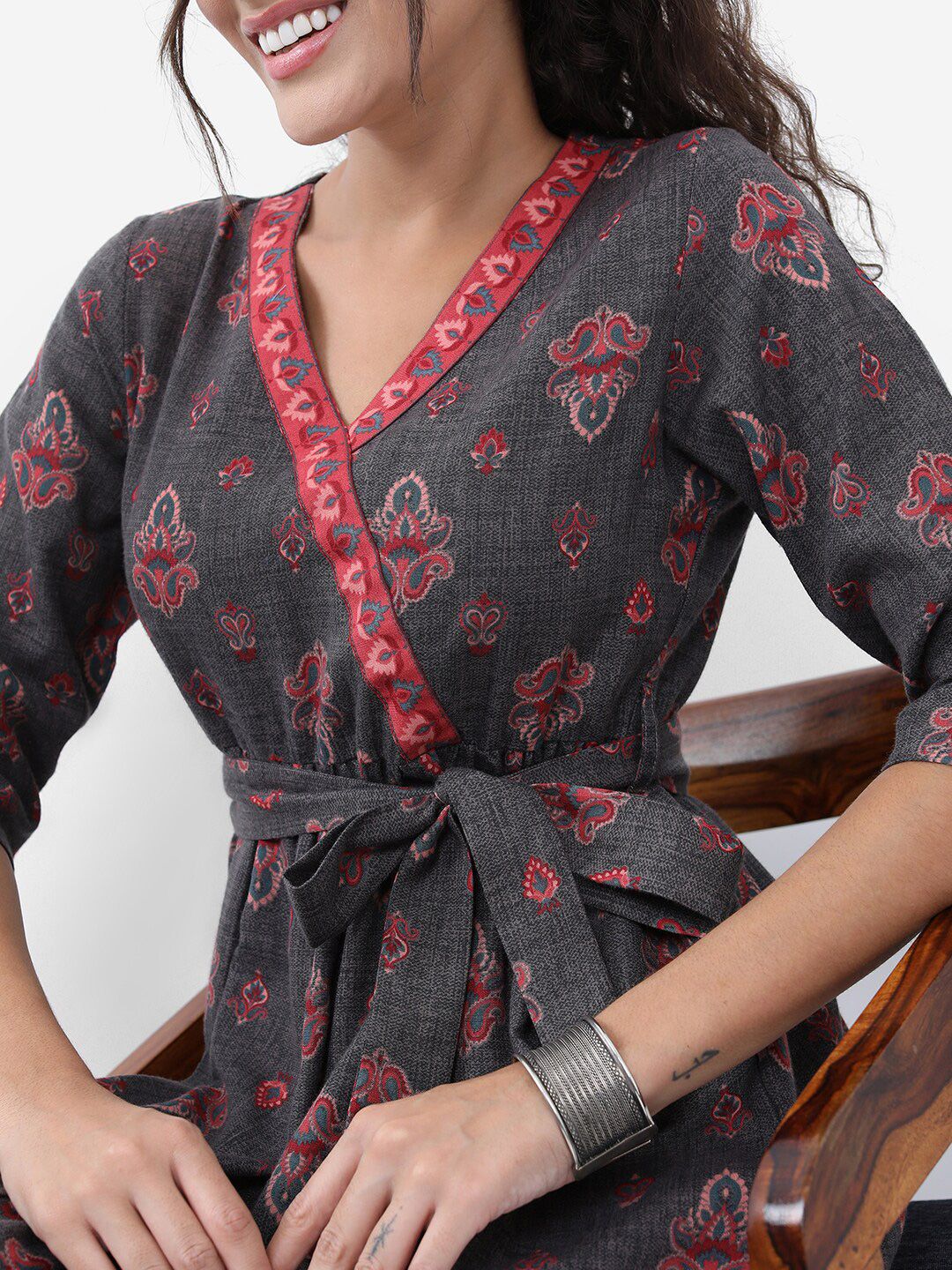Dhimhi Women's Charcoal Ethnic Motif Printed Tiered Fit & Flare Midi Ethnic Dress