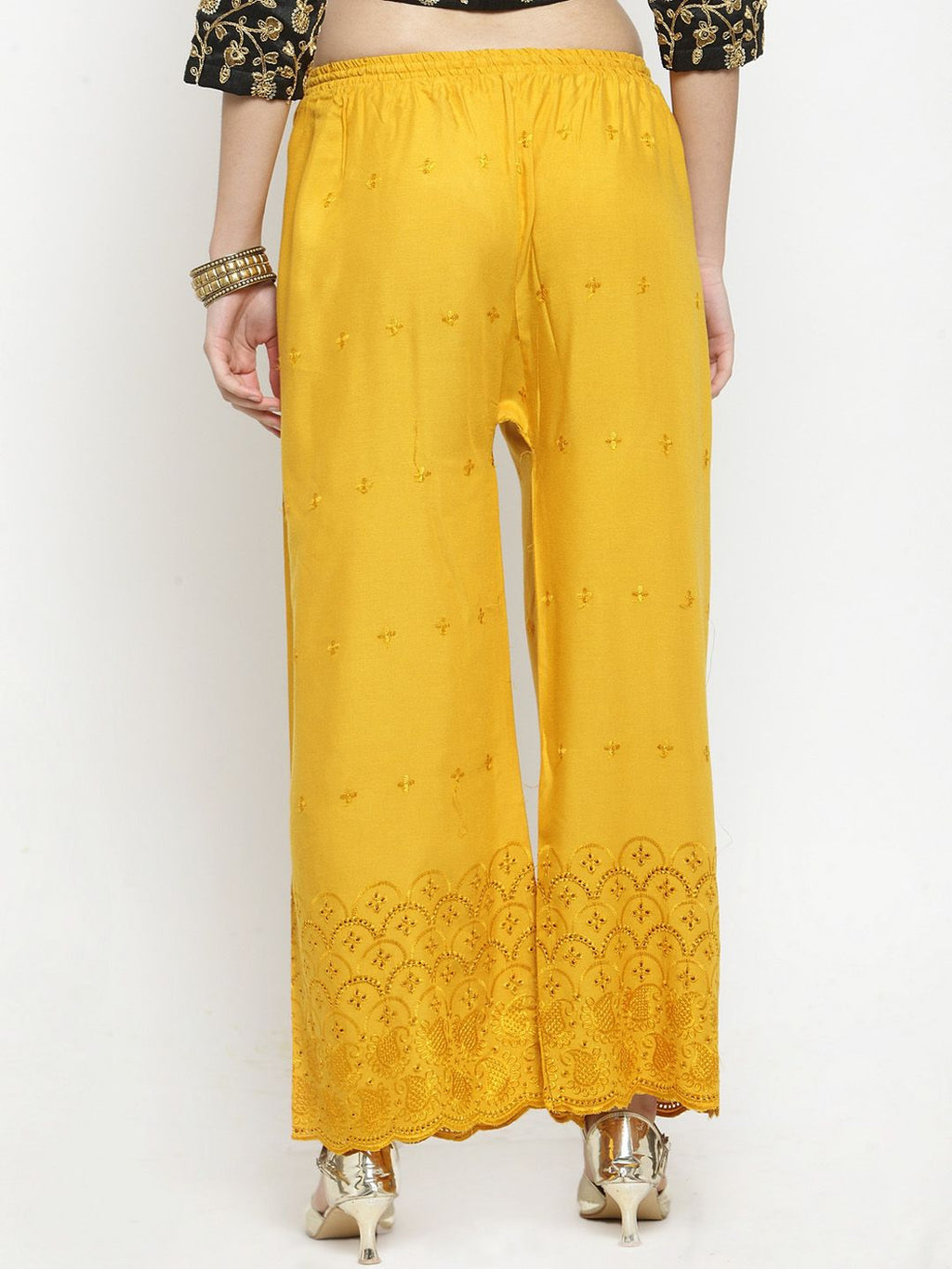Dhimhi Women's Mustard Yellow Embroidered Straight Palazzos