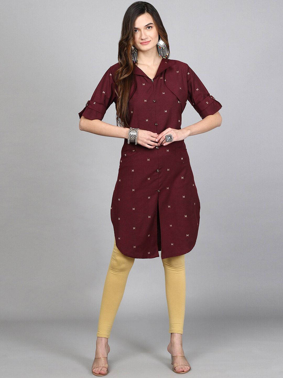 Geometric Printed Shirt Collar Cotton Pathani Kurta
