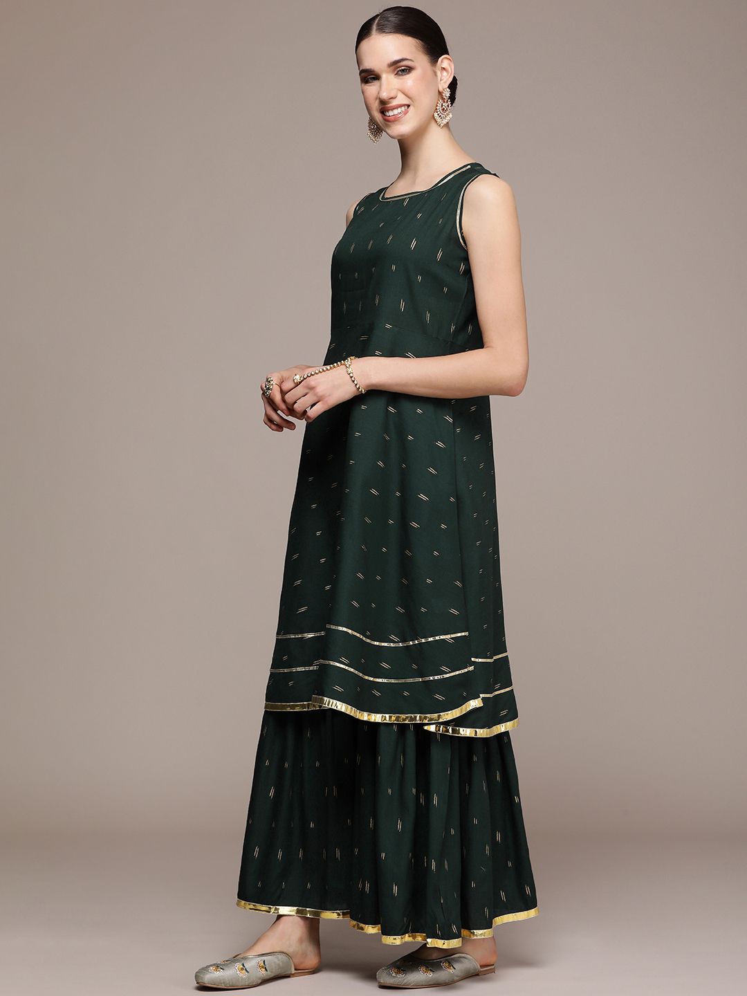 Dhimhi Women's Ethnic Motifs Printed Regular Gotta Patti Pure Cotton Kurta With Sharara