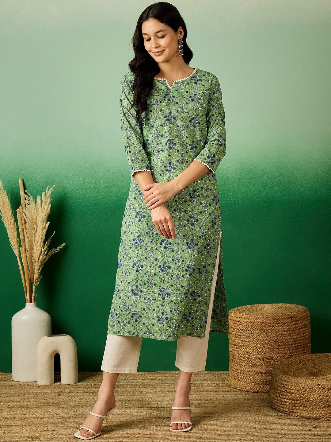 Green & Blue Floral Printed Notch Neck Pure Cotton Straight Kurta