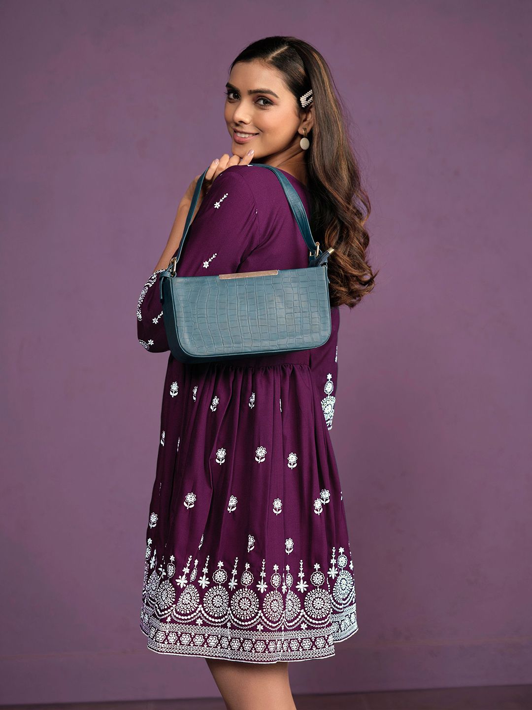 Dhimhi Women's Chikankari Embroidered Fit & Flare Ethnic Dress