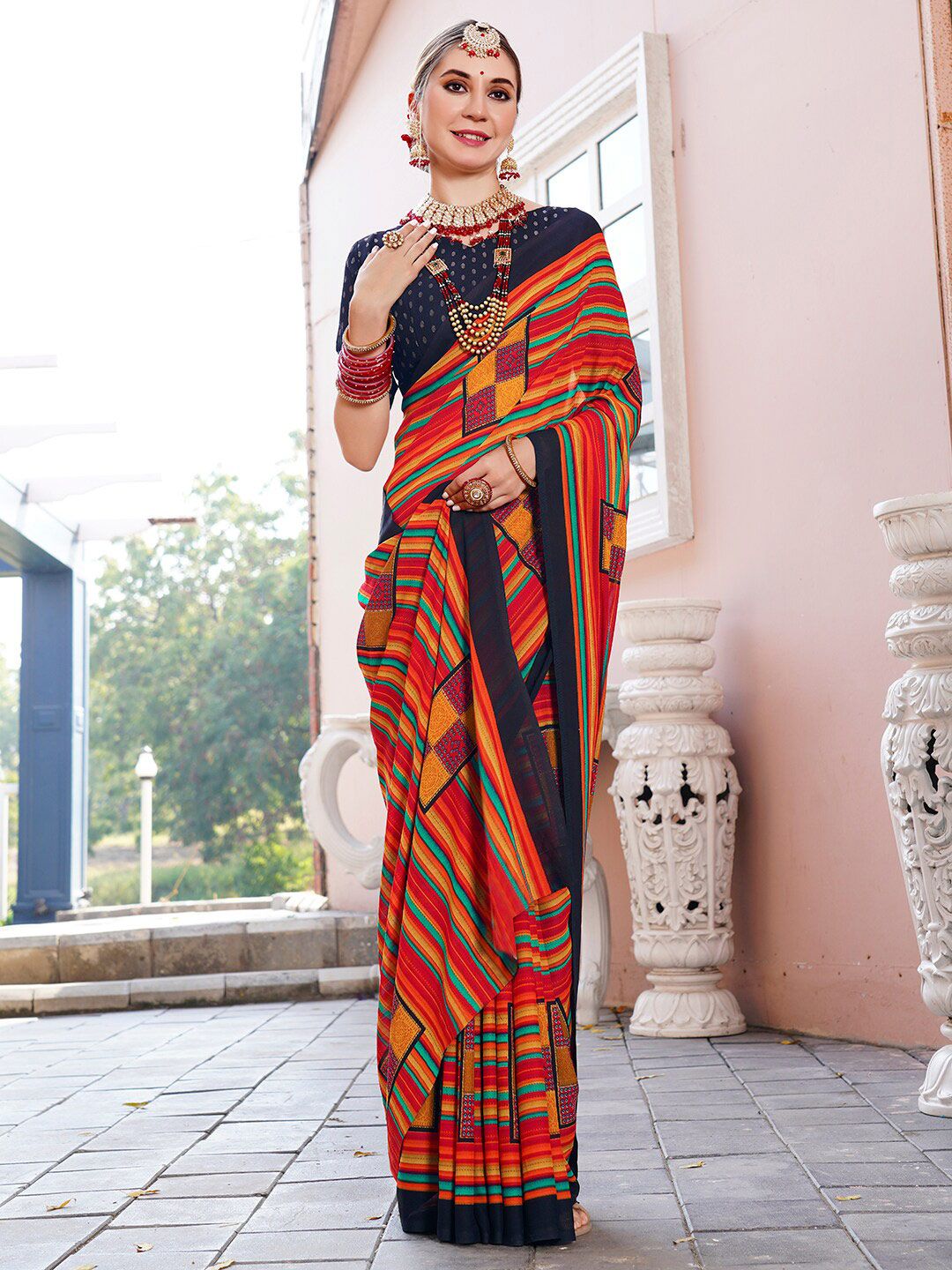 Dhimhi Women's Orange Geometric Printed Saree