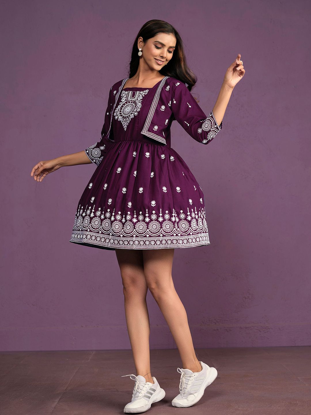 Dhimhi Women's Chikankari Embroidered Fit & Flare Ethnic Dress