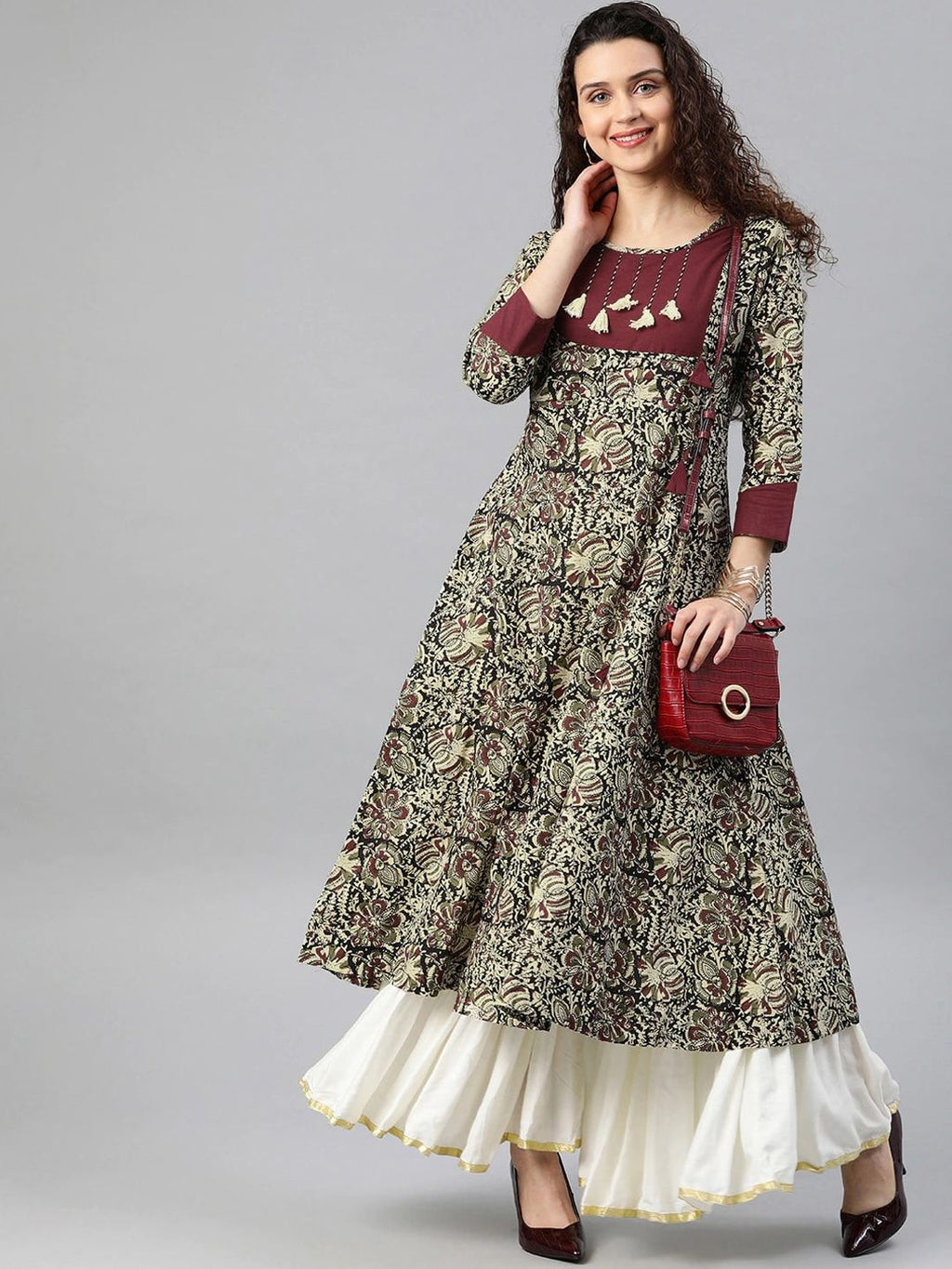 Round Neck Floral Printed Cotton Anarkali Kurta