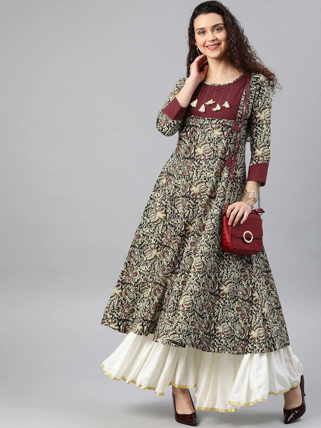 Round Neck Floral Printed Cotton Anarkali Kurta