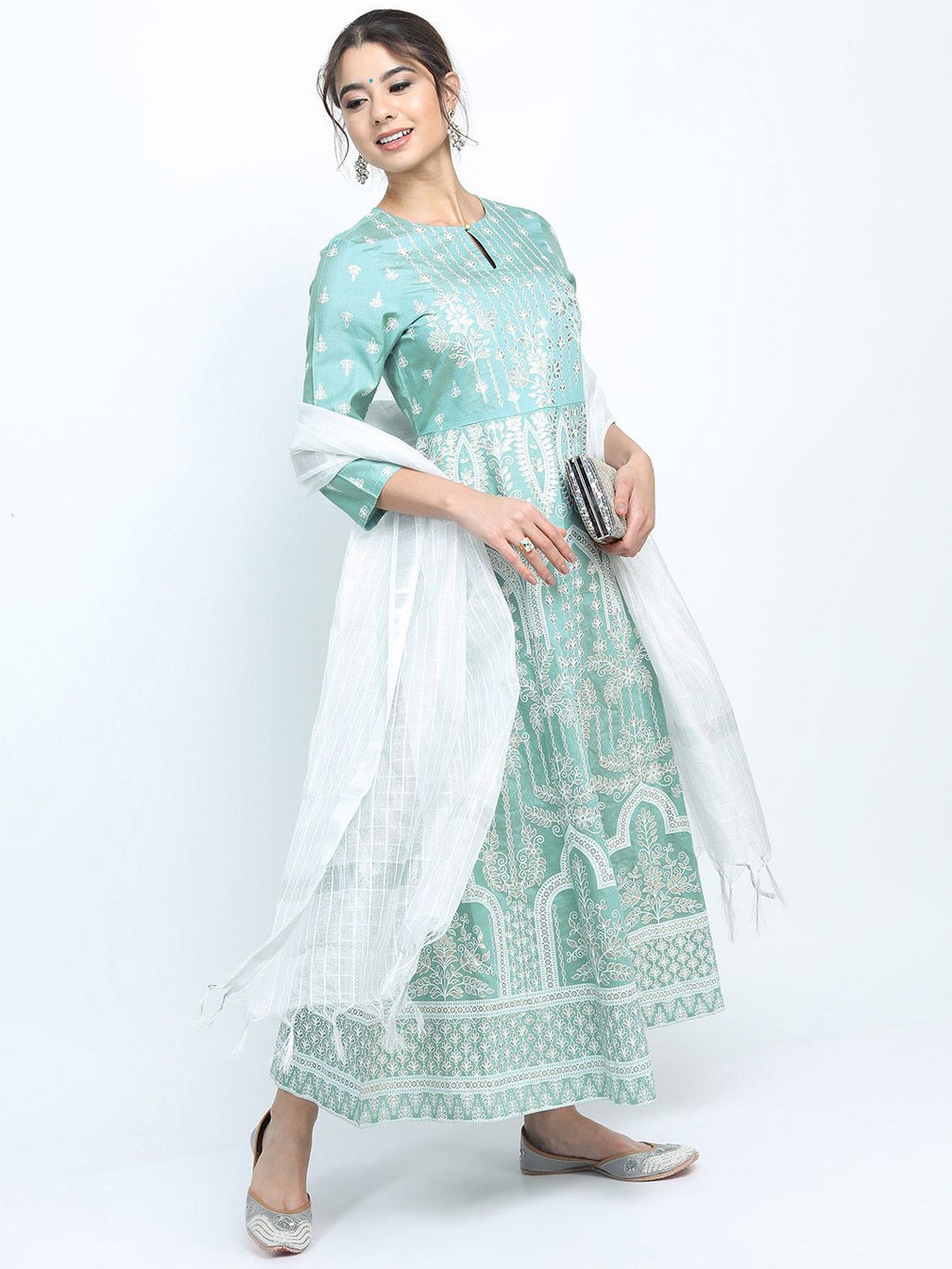 Dhimhi Women's Sea Green & White Ethnic Motifs Keyhole Neck A-line Dress