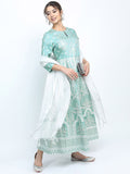 Dhimhi Women's Sea Green & White Ethnic Motifs Keyhole Neck A-line Dress