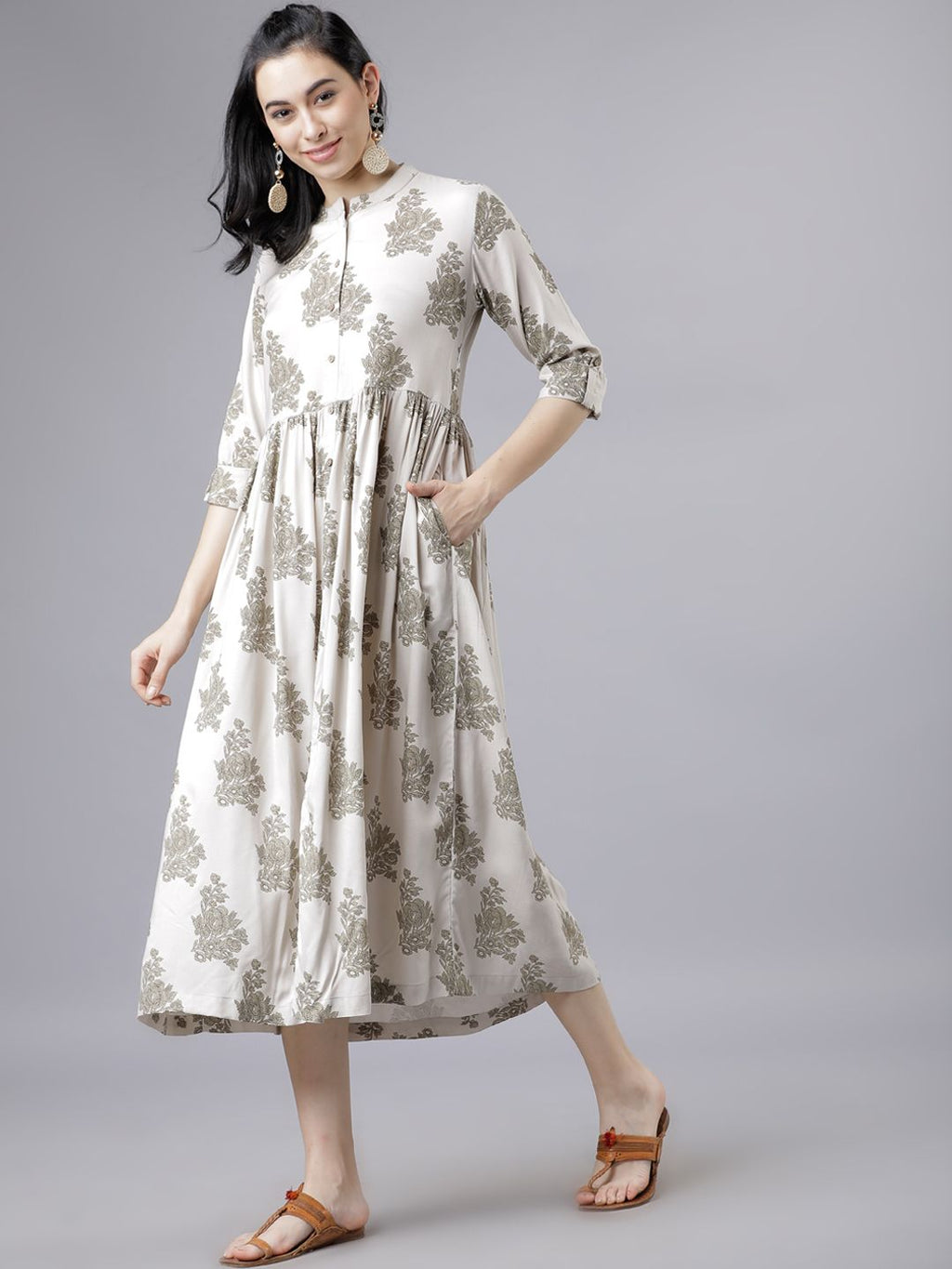 Dhimhi Women's Off-White & Green Floral Print A-Line Dress