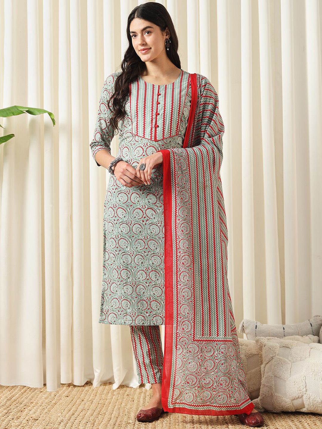 Dhimhi Women's Ethnic Motifs Printed Regular Pure Cotton Kurta with Trousers & Dupatta