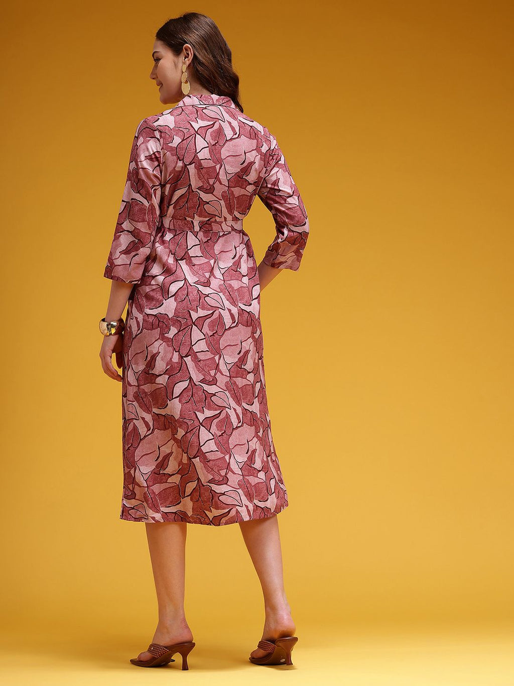 Dhimhi Women's Abstract Print Belted Shirt Midi Ethnic Dress