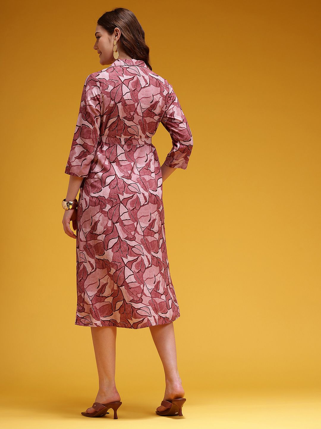 Dhimhi Women's Abstract Print Belted Shirt Midi Ethnic Dress