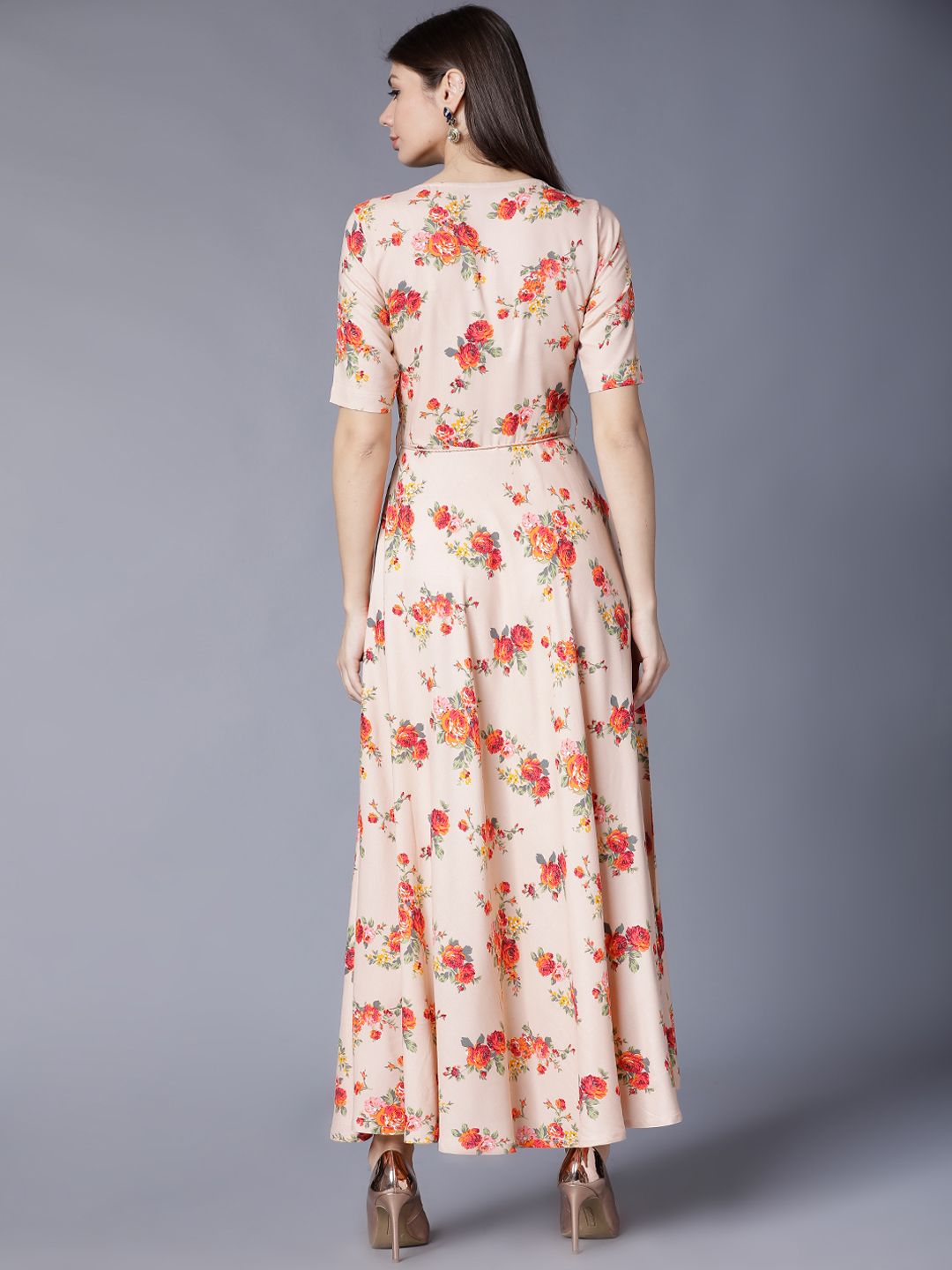 Dhimhi Women's Peach-Coloured Printed Maxi Dress