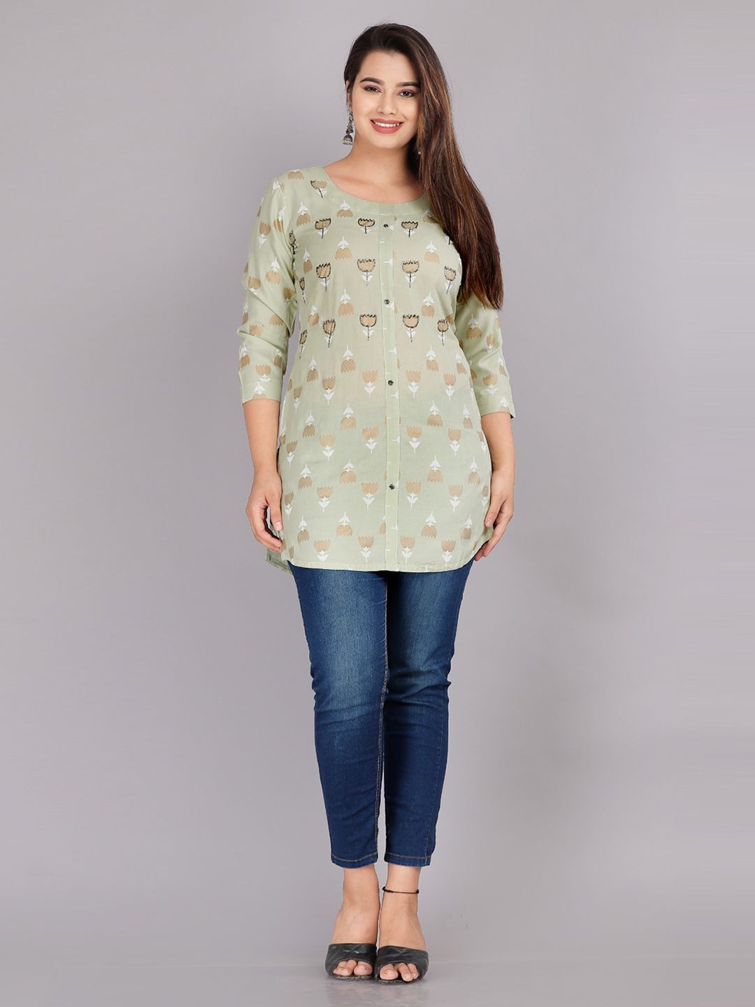 Dhimhi Women's Floral Printed Round Neck Longline Top