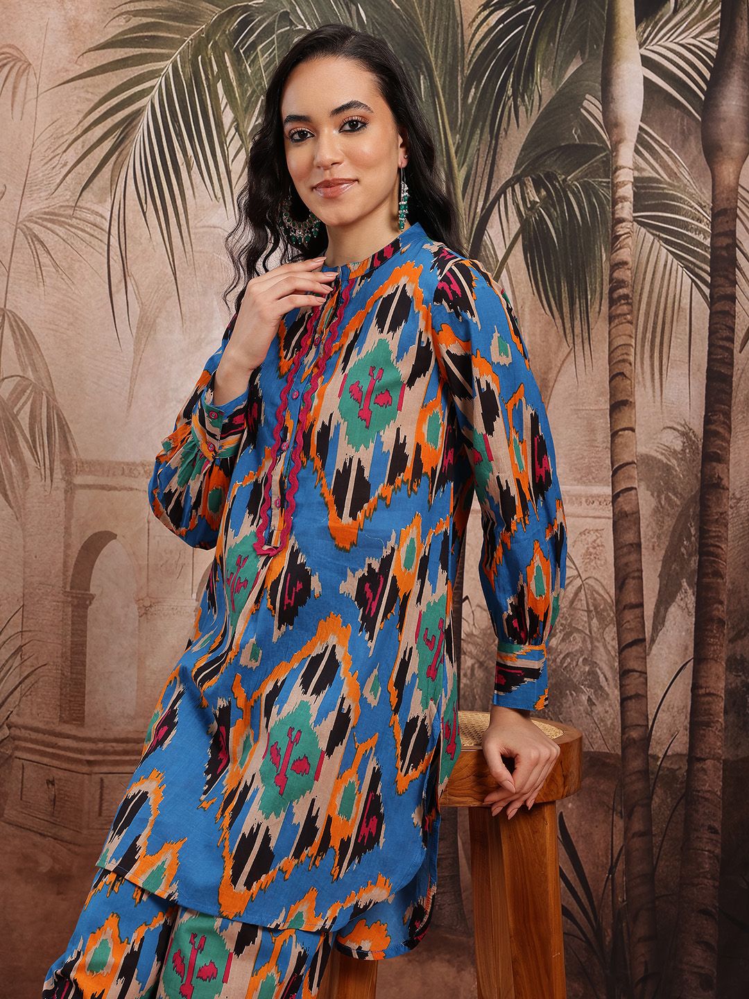 Dhimhi Women's Abstract Print High Low Cotton Kurta with Salwar