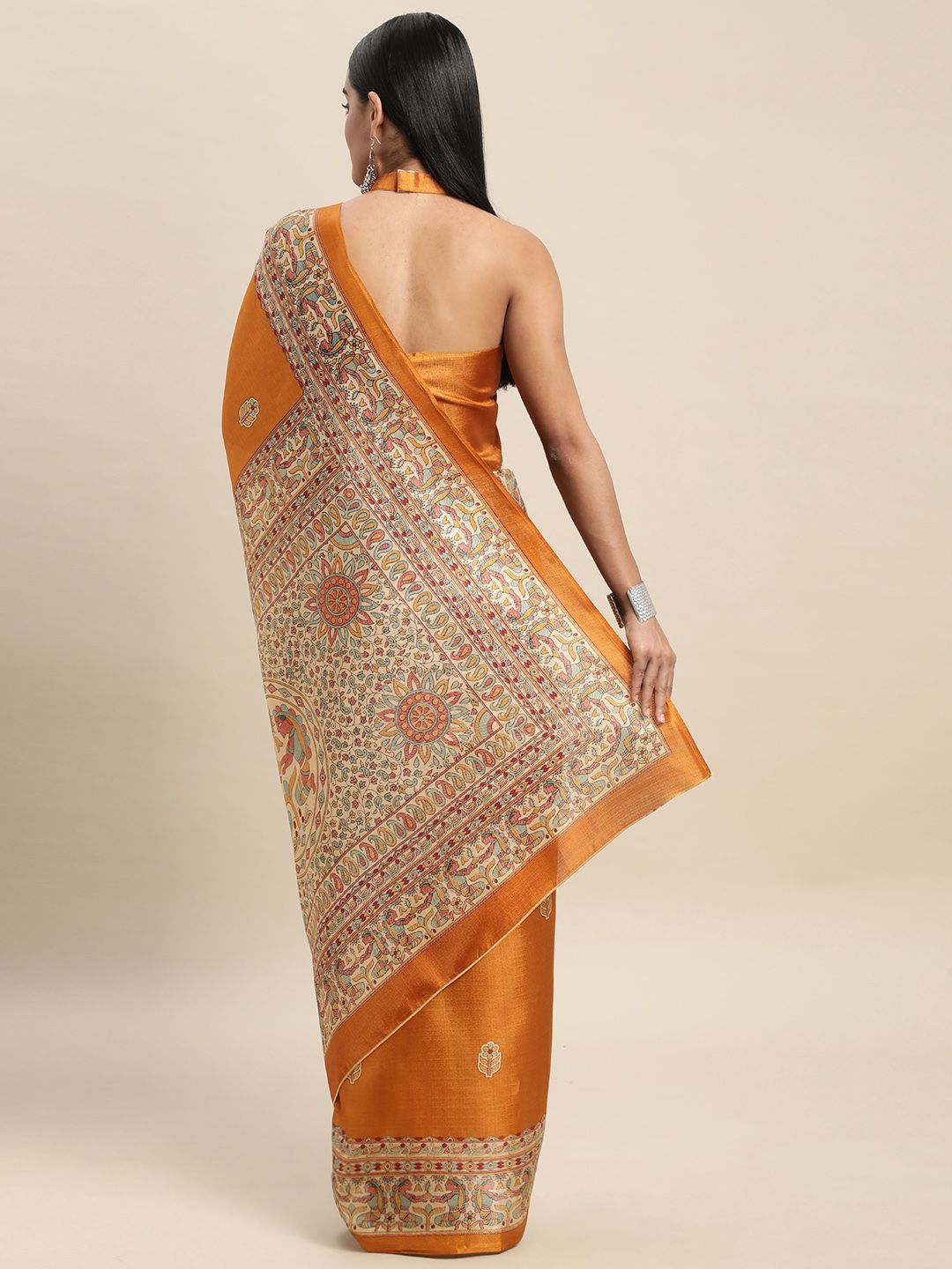 Dhimhi Women's Mustard Yellow & Beige Ethnic Motifs Printed Saree