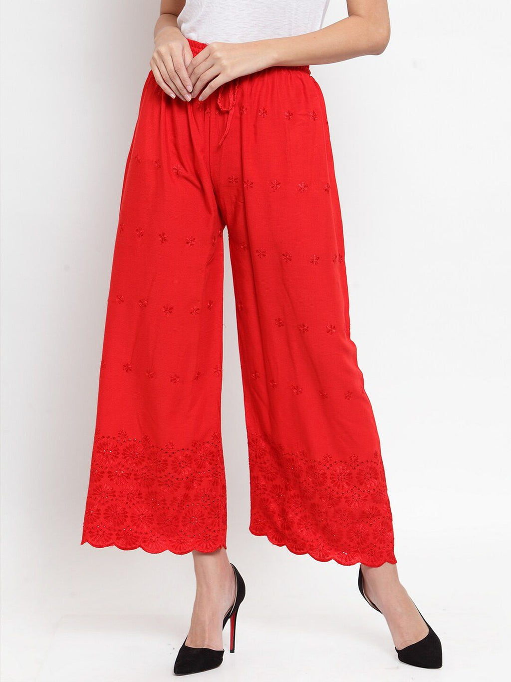 Dhimhi Women's Red Ethnic Motifs Chikankari Palazzos