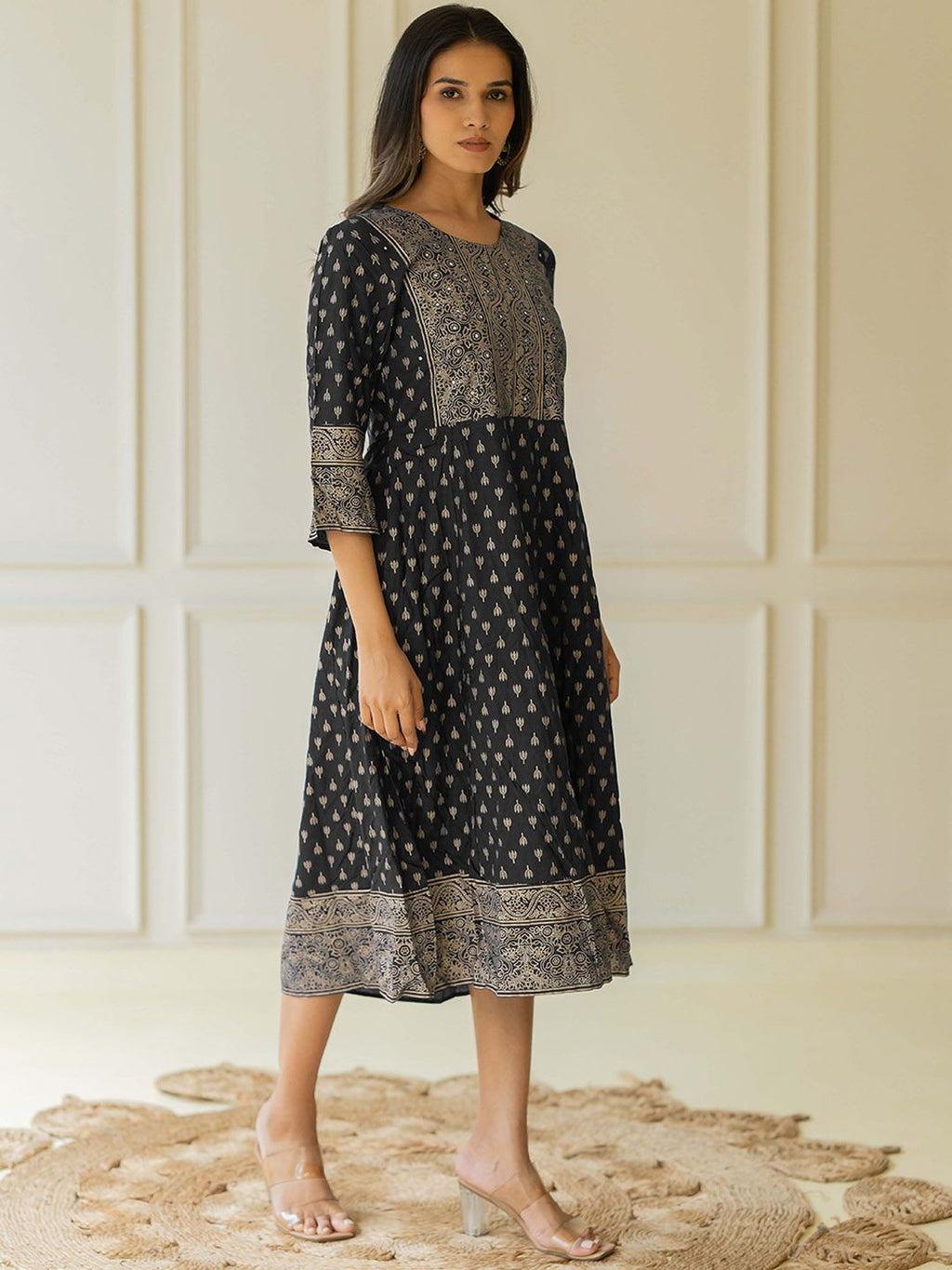 Dhimhi Women's Floral Printed Round Neck Cotton Fit & Flare Midi Ethnic Dress