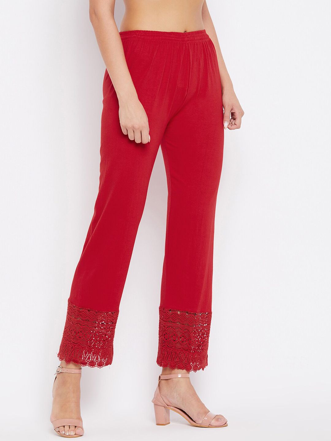 Dhimhi Women's Red Knitted Ethnic Straight Palazzos