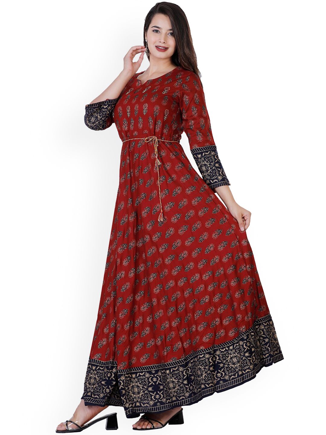Women Maroon & Black Ethnic Motifs Printed Anarkali Kurta