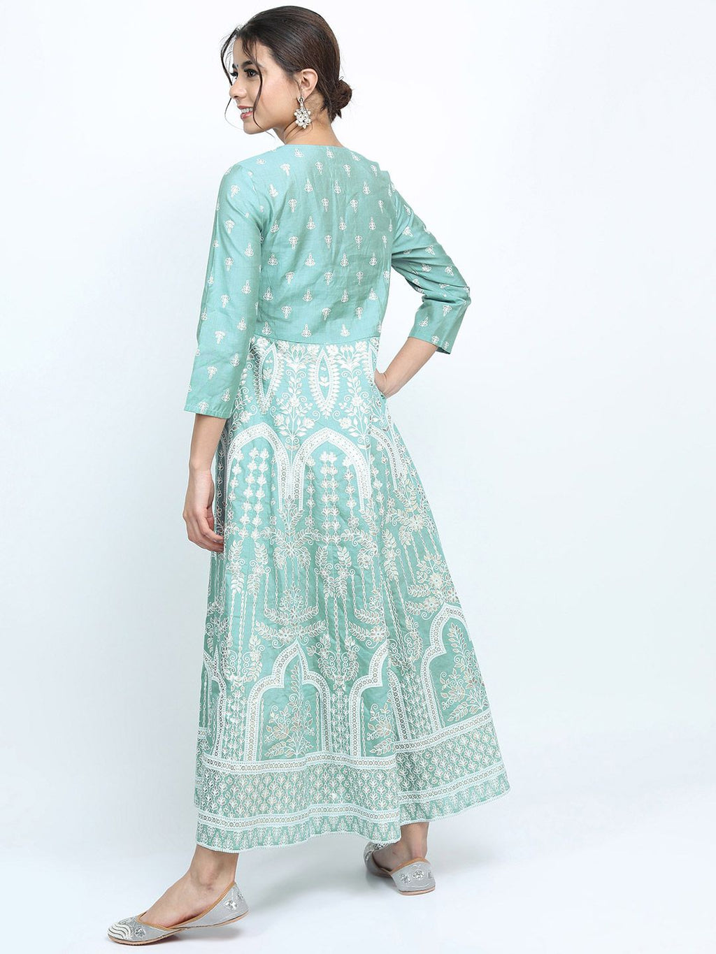 Dhimhi Women's Sea Green & White Ethnic Motifs Keyhole Neck A-line Dress