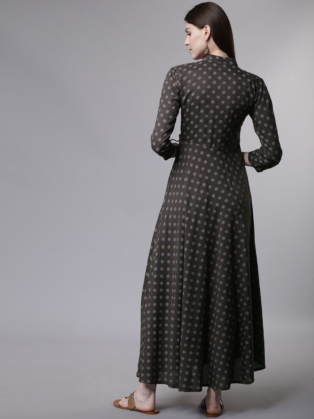 Dhimhi Women's Charcoal Grey Printed Fit and Flare Ethnic Dress