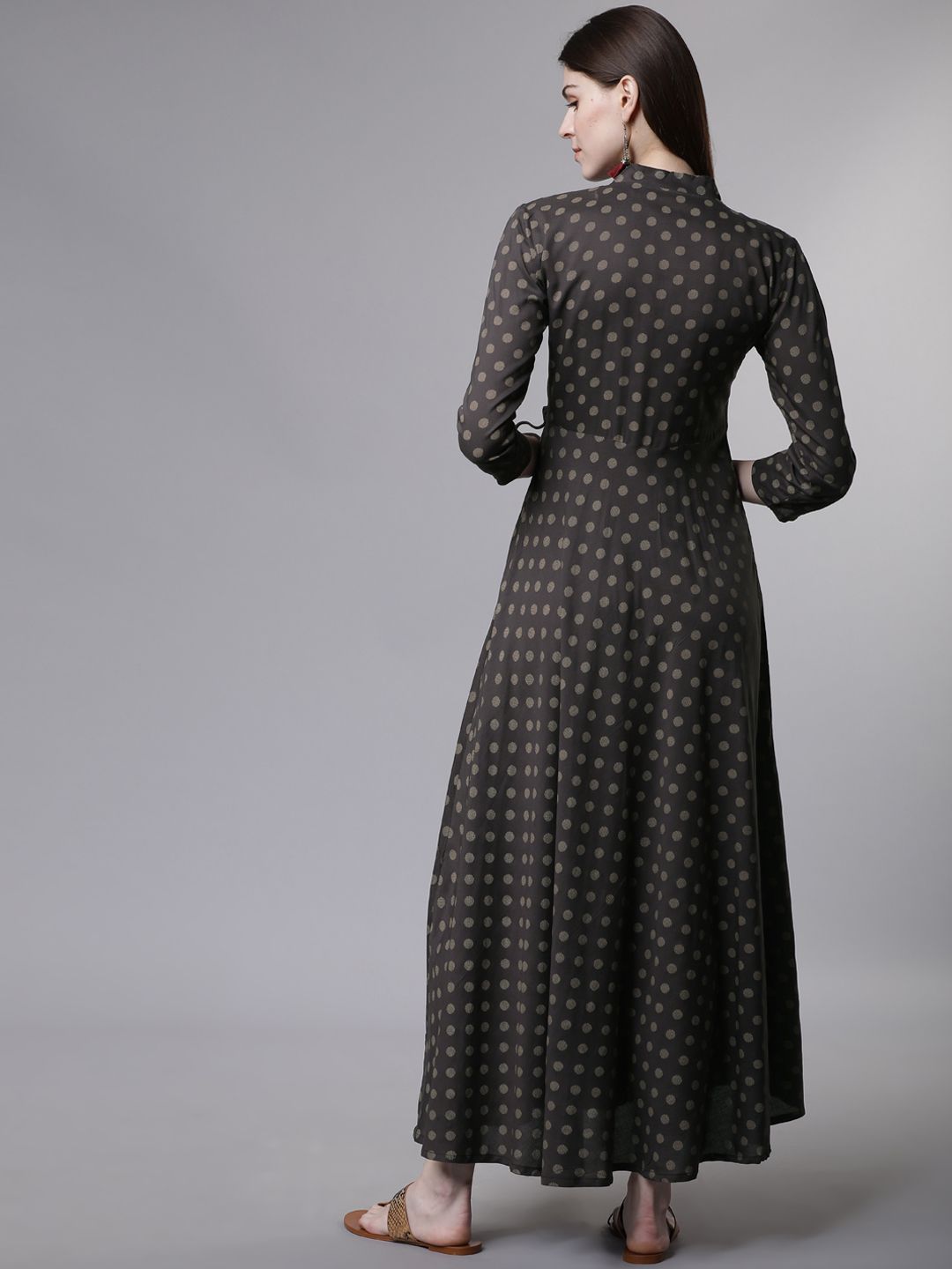 Dhimhi Women's Charcoal Grey Printed Fit and Flare Ethnic Dress