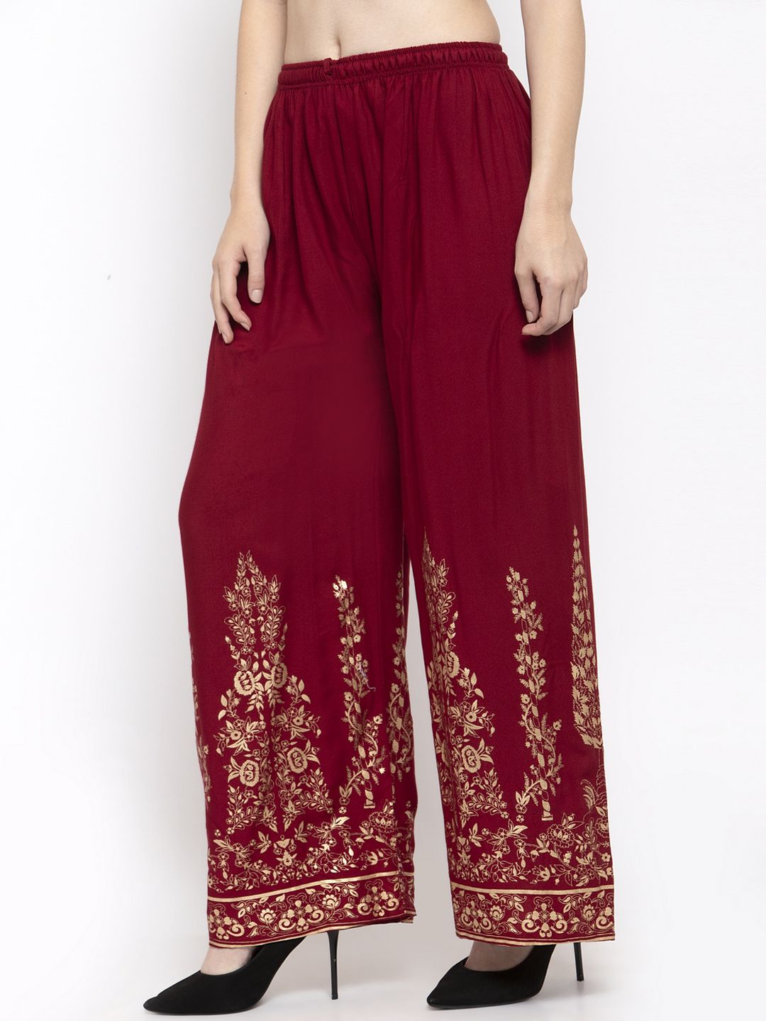 Dhimhi Women's Maroon Printed Wide Leg Palazzos