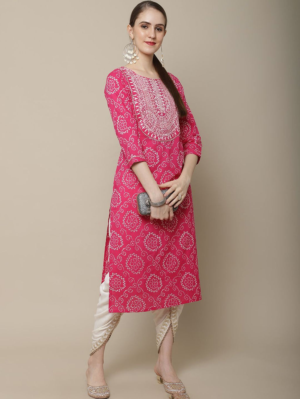 Women Pink & White Bandhani Printed Thread Work Kurta