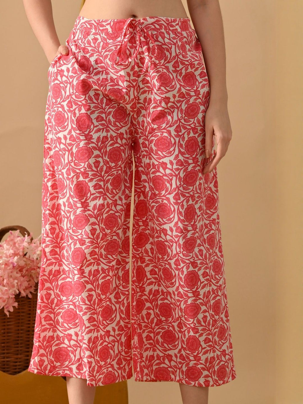 Dhimhi Women's White & Pink Pure Cotton Floral Printed Kurta Set With Palazzos & Dupatta